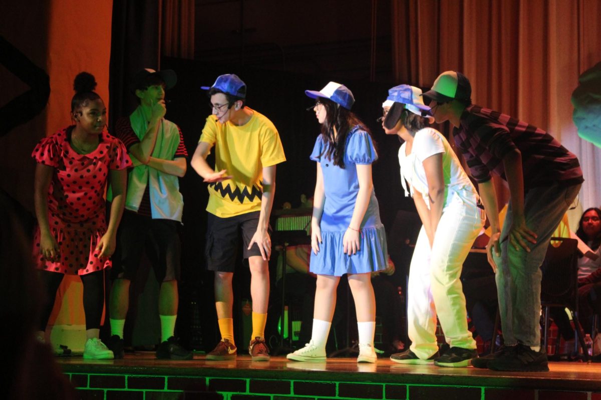 Left to right: Kayanna Griffiths (Sally Brown), Anthony Schuster (Linus Van Pelt), Mathew Salas (Charlie Brown), Faith Lange (Lucy Van Pelt), Emilia Obrien (Snoopy), Jerrimiah Welsh (Schroeder).