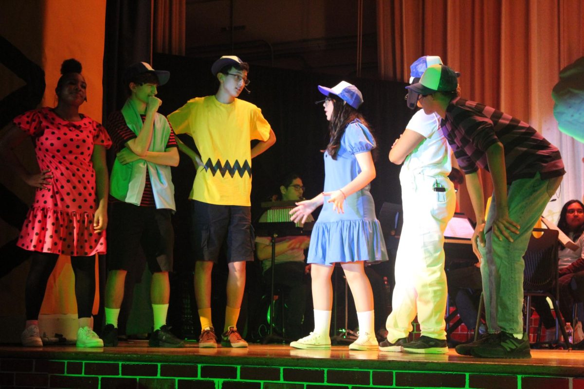 Left to right: Kayanna Griffiths (Sally Brown), Anthony Schuster (Linus Van Pelt), Mathew Salas (Charlie Brown), Faith Lange (Lucy Van Pelt), Emilia Obrien (Snoopy), Jerrimiah Welsh (Schroeder).