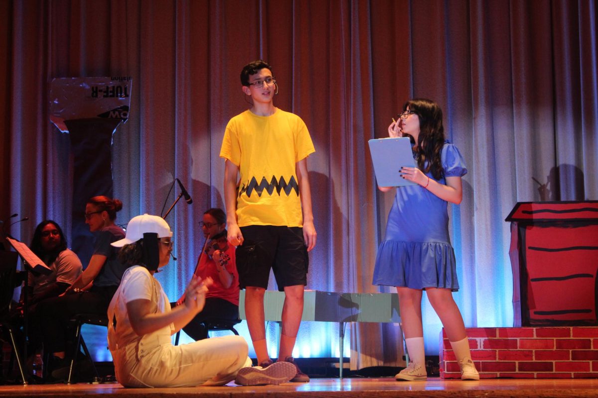 Left to right: Emilia Obrien (Snoopy), Mathew Salas (Charlie Brown), Faith Lange (Lucy Van Pelt).