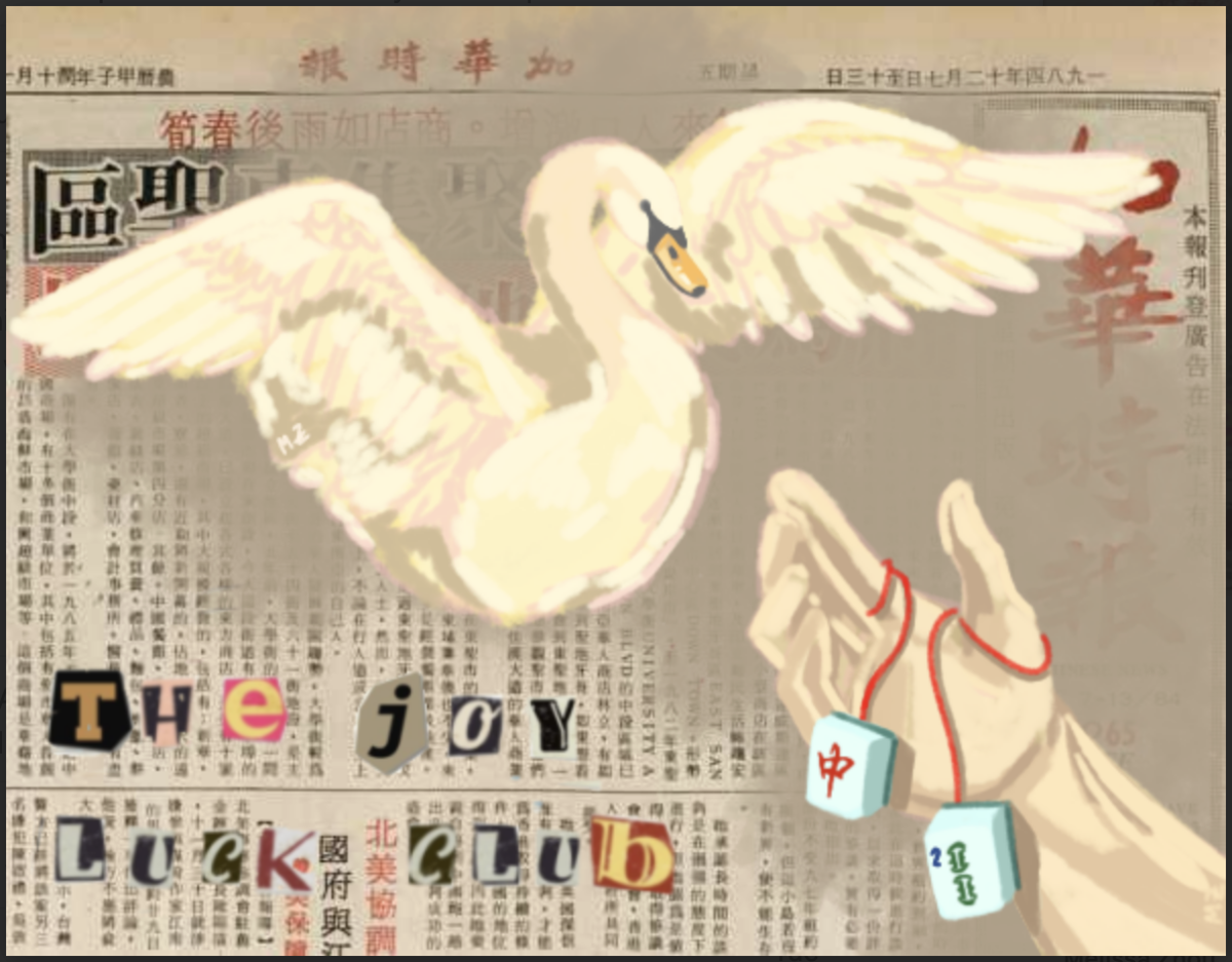 The hand is holding mahjong tiles (past) and reaching for the swan, which symbolizes transformation and change.